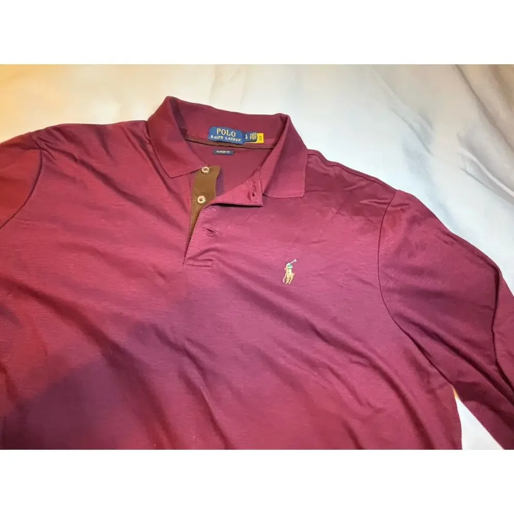Ralph Lauren Mens Large Burgundy Pima Soft Touch Long Sleeve Polo Shirt